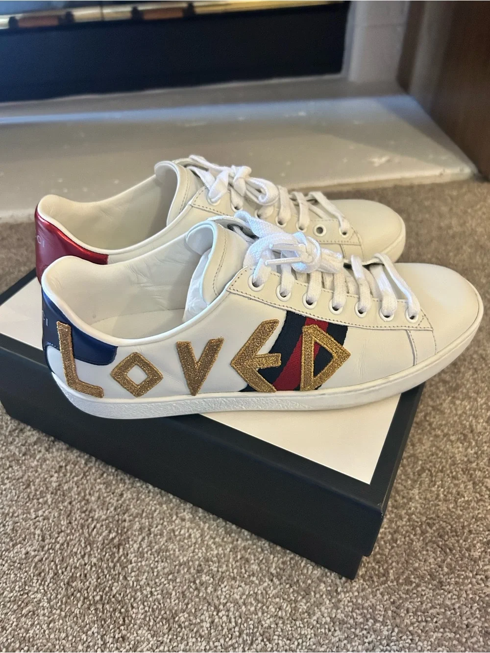 GUCCI White 'Loved' Leather Sneaker with Red & Blue Heel Tabs